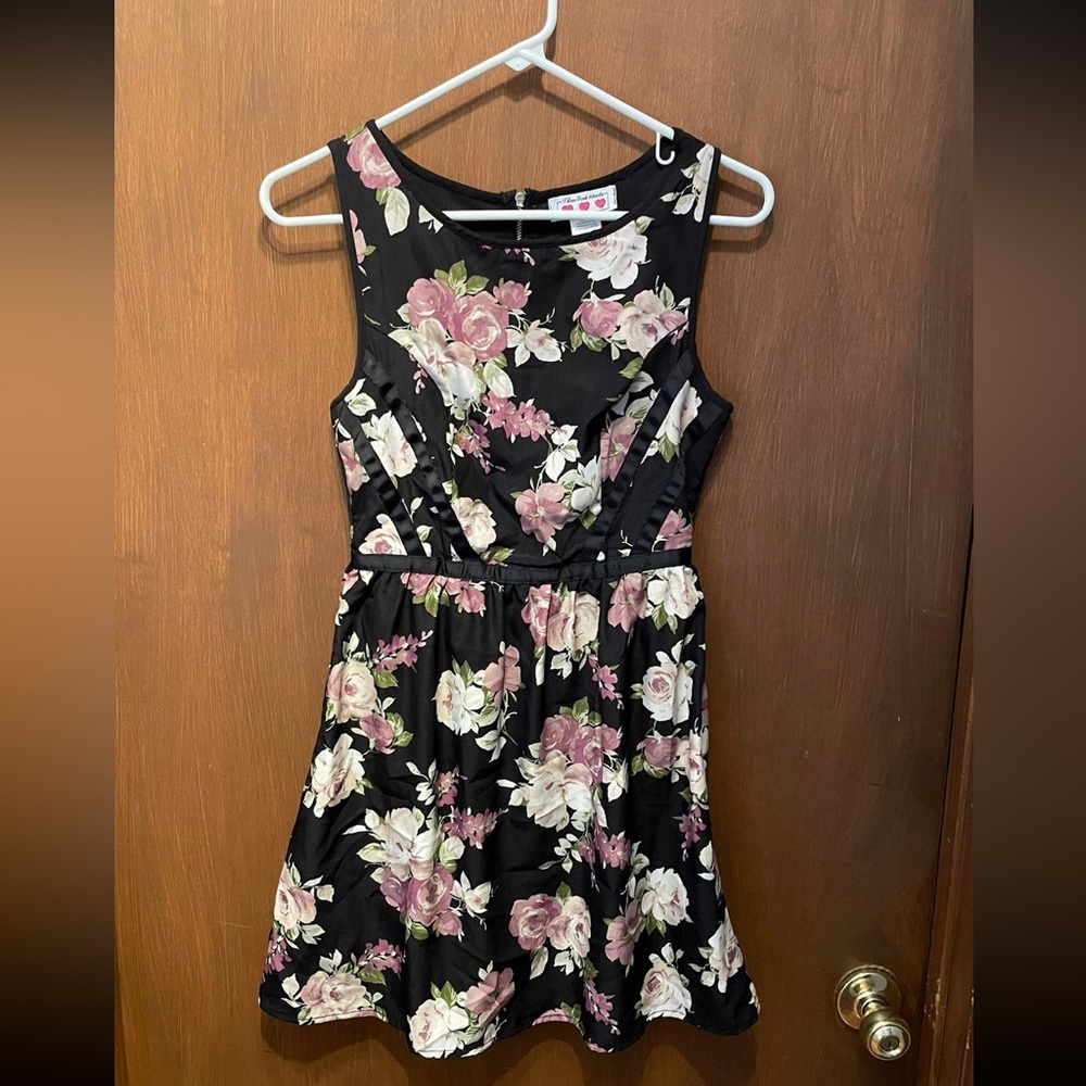 Three pink hearts black floral dress